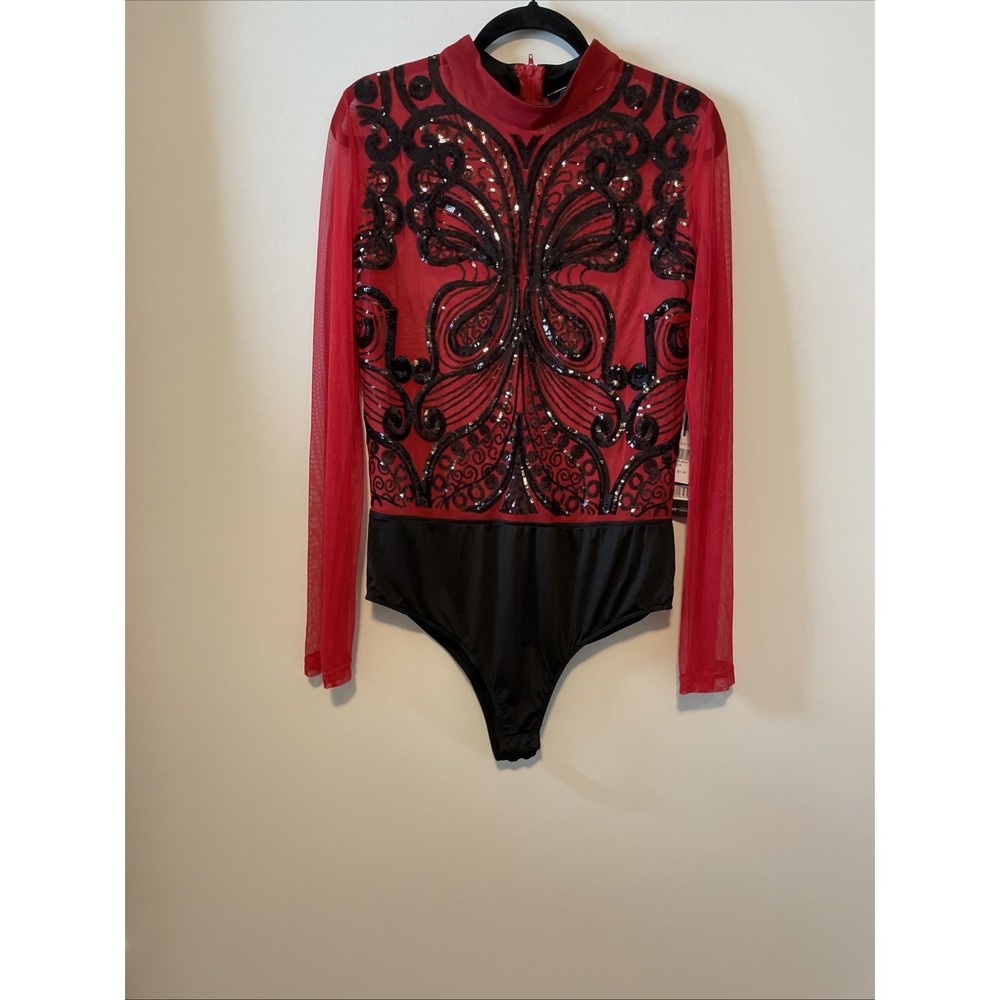 Love University Size 3XL Burgundy Black Sequin Mesh Bodysuit Plus
